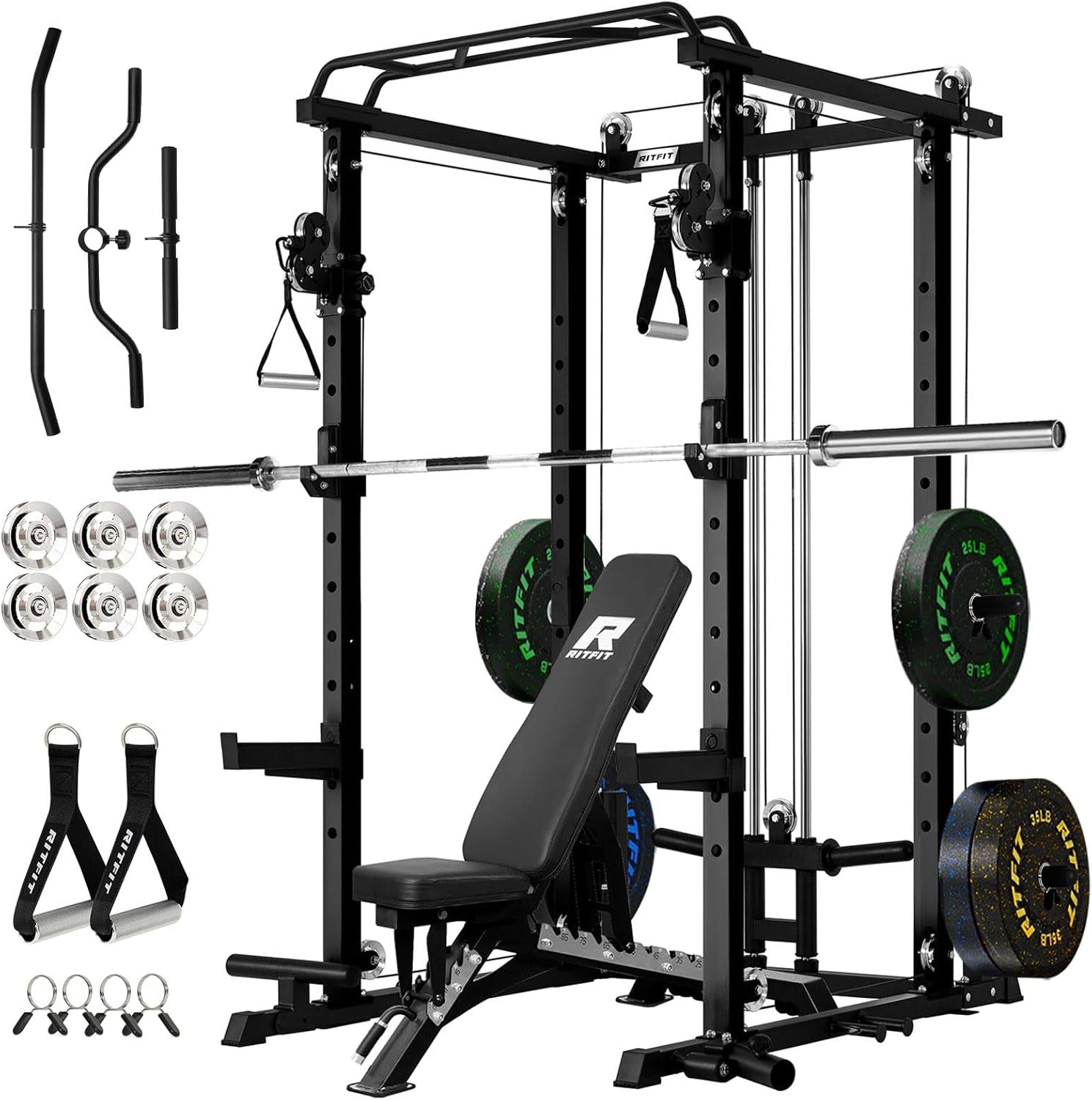 Multi-Function Garage & Home Gym Package Includes 1200LBS Power Cage PPC03/P3 with Cable Crossover System, Weight Bench, Olympic Barbell Weight Set, Full Body Workout