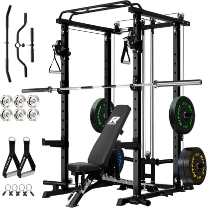 Multi-Function Garage & Home Gym Package Includes 1200LBS Power Cage PPC03/P3 with Cable Crossover System, Weight Bench, Olympic Barbell Weight Set, Full Body Workout