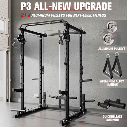 Multi-Function Garage & Home Gym Package Includes 1200LBS Power Cage PPC03/P3 with Cable Crossover System, Weight Bench, Olympic Barbell Weight Set, Full Body Workout